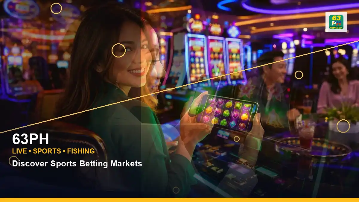 63PH VIP casino rewards featuring an adult Filipina casino host with a left-diagonal composition