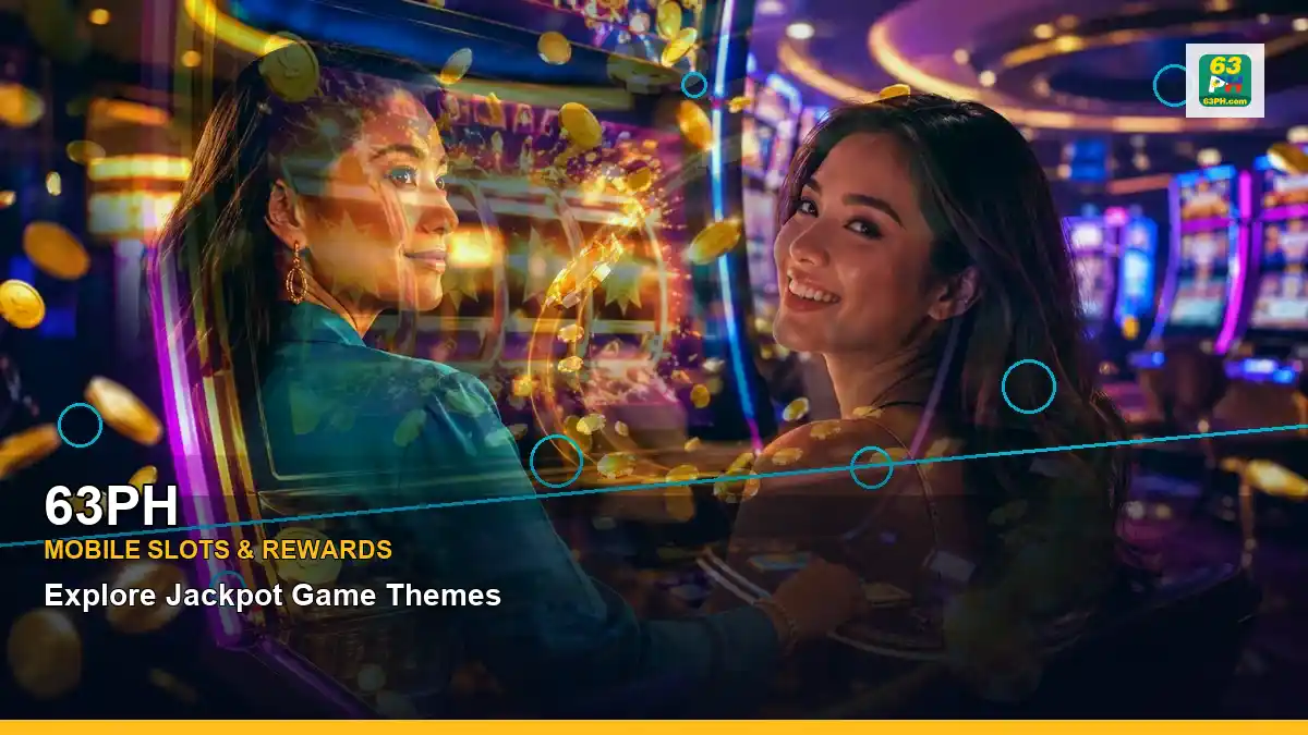 63PH mobile casino first deposit rewards featuring an adult Filipina casino host with a layered collage composition